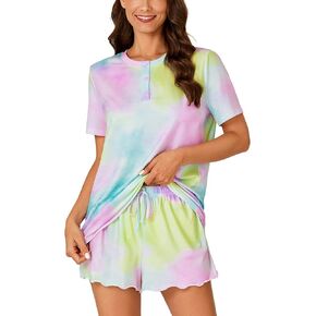 Vrtige Women's 2 Piece Tie Dye Pajamas Set Button Short Sleeve Top and Shorts Sleepwear PJs Set