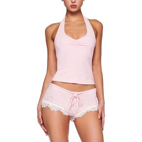 Women's Two-Piece Ouftit Halter Neck Crop Top Lace Trim Drawstring Mini Shorts 2 Piece Loungewear Set Sleepwear