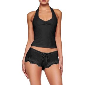 Women's Two-Piece Ouftit Halter Neck Crop Top Lace Trim Drawstring Mini Shorts 2 Piece Loungewear Set Sleepwear