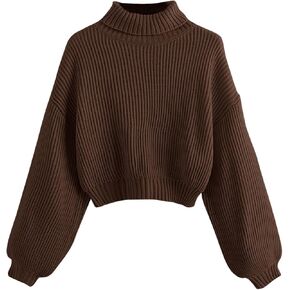 Women's High Neck Cropped Sweater Lantern Long Sleeve Drop Shoulder Loose Pullover Sweater