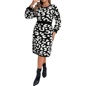 MakeMeChic Women's Plus Size Leopard Print Sweater Dress Long Sleeve Bodycon Midi Dresses