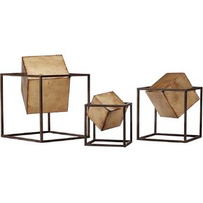 Madison Park Quad Cube Home Décor - 3 Piece Set Metal Accent Statue Modern Luxe Geomatric Art Sculpture Design Living Room Shelf Accessories, Multi Size, Black/Gold