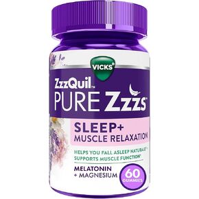 ZzzQuil Vicks Pure Zzzs Sleep+ Muscle Relaxation Melatonin Sleep Aid Gummies, Supports Healthy Muscle Function, Melatonin + Magnesium, No Next-Day Grogginess, Drug-Free & Non-Habit Forming, 60ct