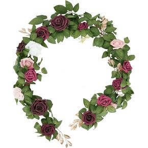 4.9FT Artificial Rose Flowers Garland Fake Rose Leaves Floral Garland, Burnt Orange Arch Flowers Greenery Vine for Party Wedding Ceremony Backdrop Mantel Centerpieces Table Runner Decorations