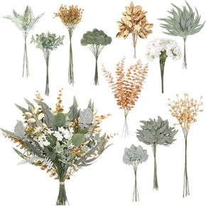 Cindeer 125 Pcs Artificial Greenery Stems Box Set with 11 Kinds of Faux Greenery Stems and Golden Leaves White Flowers Eucalyptus for DIY Bridal Bouquets Arrangement Wedding Home Decor