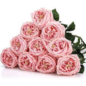 10pcs Real Touch Artificial Flowers Austin Rose, Faux Flowers with Long Stem Austen Rose Fake Flower for Valentine's Day Gift Home Christmas Flower Arrangement Wedding Party Decor (Pink)