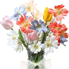 Hoteam 8 Pcs Artificial Fake Flowers 24'' Cosmos Silk Flower 18'' Fake Tulips Flower Faux Wildflower Long Stem Colorful Coreopsis Spring Bouquet for Floral Arrangements Wedding Garden Table Decoration