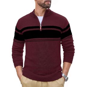 CRYSULLY Men's 1/4 Zip Sweater Cotton Sweater Casual Pullover Winter Warm Polo Sweaters Mock Neck Striped Sweatshirts