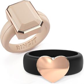 Rinfit Silicone Rings Women - Wedding Ring Set for Her - Nude Emerald & Black Heart - Metal Rose Gold - Size 5