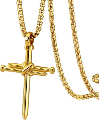 Men Religious Jewelry Stainless Steel/Black Metal/18K Gold Plated 22 Inch Box Rope Chain Nail Cross Pendant/Virgin Mary Medal/St. Benedict/St. Christopher Necklaces for Christmas Birthday in Saudi Arabia