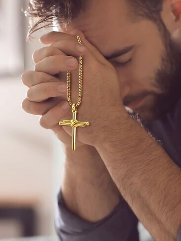 Men Religious Jewelry Stainless Steel/Black Metal/18K Gold Plated 22 Inch Box Rope Chain Nail Cross Pendant/Virgin Mary Medal/St. Benedict/St. Christopher Necklaces for Christmas Birthday in Saudi Arabia