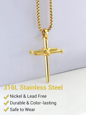 Men Religious Jewelry Stainless Steel/Black Metal/18K Gold Plated 22 Inch Box Rope Chain Nail Cross Pendant/Virgin Mary Medal/St. Benedict/St. Christopher Necklaces for Christmas Birthday in Saudi Arabia