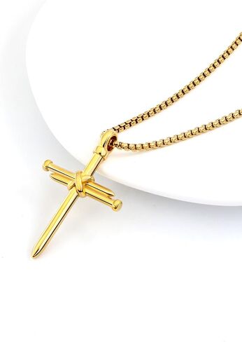 Men Religious Jewelry Stainless Steel/Black Metal/18K Gold Plated 22 Inch Box Rope Chain Nail Cross Pendant/Virgin Mary Medal/St. Benedict/St. Christopher Necklaces for Christmas Birthday in Saudi Arabia