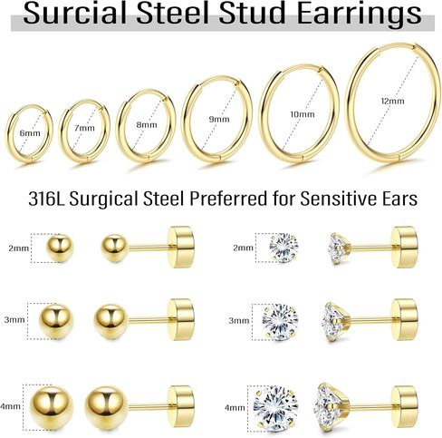 IRONBOX 12 زوجًا من الأقراط مجموعات لثقب متعدد لا يسبب الحساسية 18 قيراط مطلي بالذهب من الفولاذ المقاوم للصدأ الغضروف هوب أقراط صغيرة Huggie هوب أقراط صغيرة الكرة تشيكوسلوفاكيا أقراط مسطحة الظهر للنساء أقراط اللولب الغضروف in Kuwait