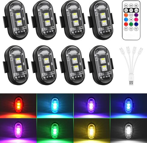 أضواء ستروب LED لاسلكية للطائرات مع جهاز تحكم عن بعد، 8 ألوان و10 أوضاع فلاش USB شحن أضواء مضادة للتصادمات وأضواء تحذيرية للطوارئ مقاومة للماء لسيارة بدون طيار ودراجة نارية 8 قطع in Kuwait