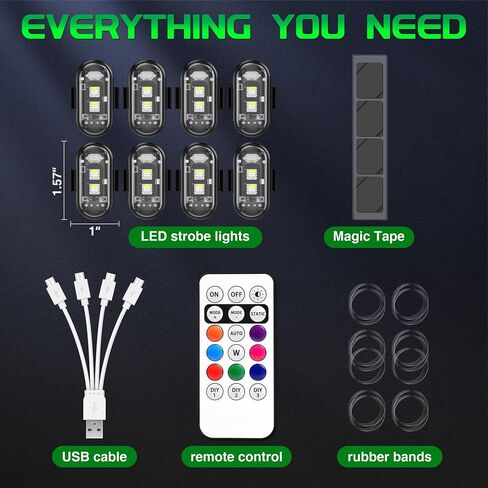 أضواء ستروب LED لاسلكية للطائرات مع جهاز تحكم عن بعد، 8 ألوان و10 أوضاع فلاش USB شحن أضواء مضادة للتصادمات وأضواء تحذيرية للطوارئ مقاومة للماء لسيارة بدون طيار ودراجة نارية 8 قطع in Kuwait