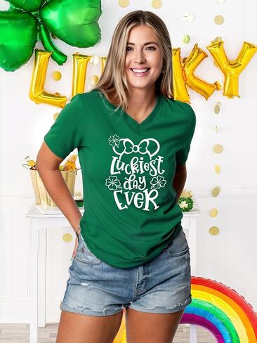 تي شيرت نسائي ليوم القديس باتريك برقبة على شكل حرف V من Irish Lucky Shamrock Paddy's Day in Kuwait