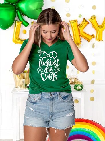 تي شيرت نسائي ليوم القديس باتريك برقبة على شكل حرف V من Irish Lucky Shamrock Paddy's Day in Kuwait