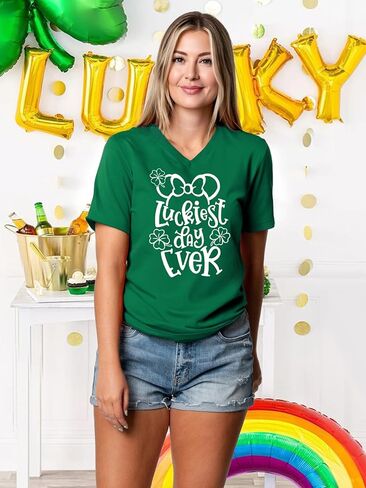 تي شيرت نسائي ليوم القديس باتريك برقبة على شكل حرف V من Irish Lucky Shamrock Paddy's Day in Kuwait