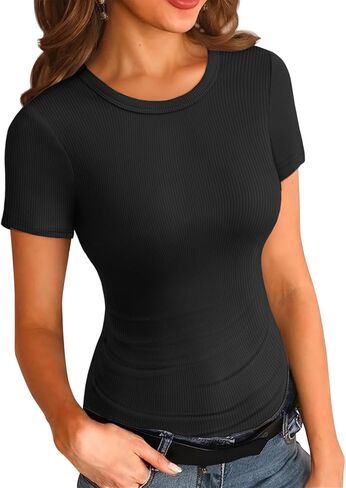 تي شيرت نسائي من ATHIMLE برقبة دائرية وقميص مضلع وأكمام قصيرة أساسية للصيف كاجوال in Kuwait