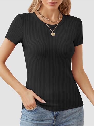 تي شيرت نسائي من ATHIMLE برقبة دائرية وقميص مضلع وأكمام قصيرة أساسية للصيف كاجوال in Kuwait