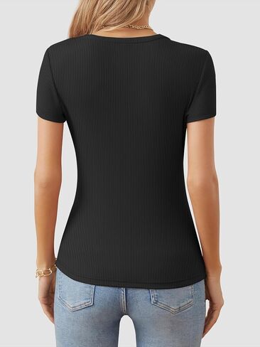 تي شيرت نسائي من ATHIMLE برقبة دائرية وقميص مضلع وأكمام قصيرة أساسية للصيف كاجوال in Kuwait