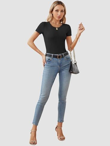 تي شيرت نسائي من ATHIMLE برقبة دائرية وقميص مضلع وأكمام قصيرة أساسية للصيف كاجوال in Kuwait