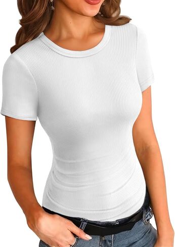 ATHIMLE Women's Crew Neck T Shirt Ribbed Fitted Shirt Basic Short Sleeves Summer Tops Causal in Saudi Arabia