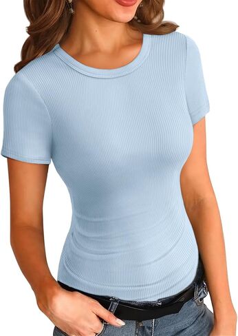 ATHIMLE Women's Crew Neck T Shirt Ribbed Fitted Shirt Basic Short Sleeves Summer Tops Causal in Saudi Arabia