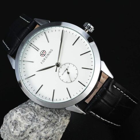 Men's Minimalist White Dial Automatic Watch Stainless Steel with Leather Strap Mechanical Watch for Men in Saudi Arabia