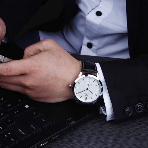 Men's Minimalist White Dial Automatic Watch Stainless Steel with Leather Strap Mechanical Watch for Men in Saudi Arabia
