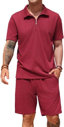 طقم قميص بولو وسروال قصير للرجال مكون من قطعتين ملابس رياضية صيفية غير رسمية بسحاب in Kuwait