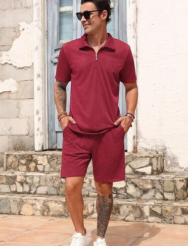 طقم قميص بولو وسروال قصير للرجال مكون من قطعتين ملابس رياضية صيفية غير رسمية بسحاب in Kuwait