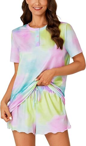 Vrtige Women's 2 Piece Tie Dye Pajamas Set Button Short Sleeve Top and Shorts Sleepwear PJs Set in Saudi Arabia
