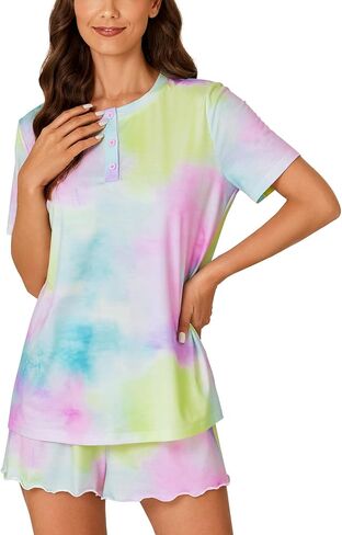 Vrtige Women's 2 Piece Tie Dye Pajamas Set Button Short Sleeve Top and Shorts Sleepwear PJs Set in Saudi Arabia