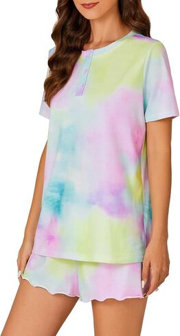 Vrtige Women's 2 Piece Tie Dye Pajamas Set Button Short Sleeve Top and Shorts Sleepwear PJs Set in Saudi Arabia