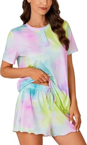 Vrtige Women's 2 Piece Tie Dye Pajamas Set Button Short Sleeve Top and Shorts Sleepwear PJs Set in Saudi Arabia