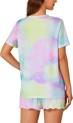 Vrtige Women's 2 Piece Tie Dye Pajamas Set Button Short Sleeve Top and Shorts Sleepwear PJs Set in Saudi Arabia