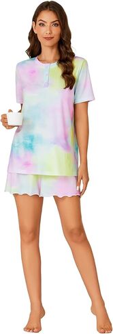 Vrtige Women's 2 Piece Tie Dye Pajamas Set Button Short Sleeve Top and Shorts Sleepwear PJs Set in Saudi Arabia
