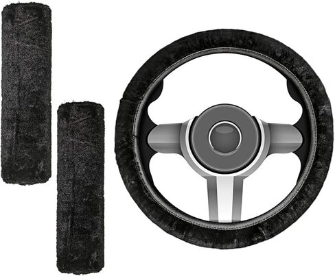 3 قطع من غطاء عجلة القيادة التلقائي من الفرو المنفوش ومجموعة غطاء حزام الأمان تتضمن غطاء عجلة القيادة الغامض، ووسادة كتف لحزام الأمان مريحة ومضادة للانزلاق للنساء، عجلة قيادة مقاس 14.9 بوصة in Kuwait