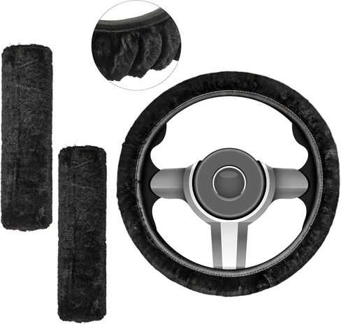 3 قطع من غطاء عجلة القيادة التلقائي من الفرو المنفوش ومجموعة غطاء حزام الأمان تتضمن غطاء عجلة القيادة الغامض، ووسادة كتف لحزام الأمان مريحة ومضادة للانزلاق للنساء، عجلة قيادة مقاس 14.9 بوصة in Kuwait