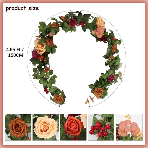 4.9FT Artificial Rose Flowers Garland Fake Rose Leaves Floral Garland, Burnt Orange Arch Flowers Greenery Vine for Party Wedding Ceremony Backdrop Mantel Centerpieces Table Runner Decorations in Saudi Arabia