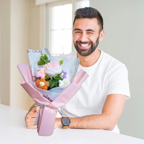 Intertest Crochet Rose Bouquet, Handmade Knitted Bouquet with Greeting Card, Knitted Eternal Artificial Flowers for Mother's Day, Birthday, Valentine's Day and Home Decor - Blue in Saudi Arabia
