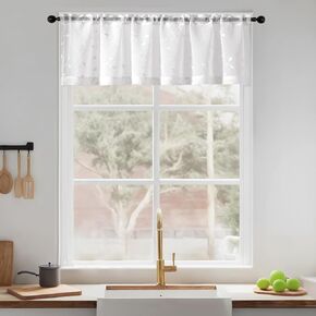 Sheer Voile Curtain Valance Leaves Embroidered Small Window Valances Curtains 54x16 Inches 2 Panels, Rod Pocket Short Window Treatment Toppers for Bathroom Kitchen Over Sink, White Leaves