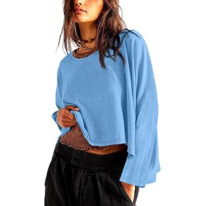 Tankaneo Womens Oversized Long Sleeve Shirts Casual Loose Fit Crew Neck Workout Tops