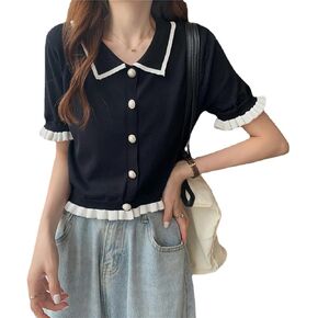 Chic Korean Style Academy Style, Contrasting Navy Collar, Versatile Bubble Sleeve Shirt, Loose top, Elegant Goddess