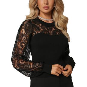 2024 Women Causal Lace Top Long Sleeve Tee Hollow Out Round Neck Pullover Ribbed T Shirt Blouse
