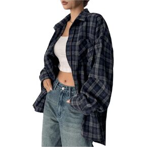 MakeMeChic Women's Casual Plaid Button Down Collared Shirt Pocket Long Sleeve Loose Blouse Top