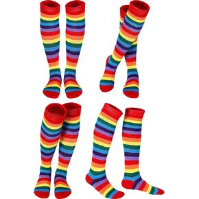 SATINIOR 4 Pair Rainbow Knee High Socks Striped Clown Long Socks Novelty Colorful Funny Stripe Stockings Tube Socks Costume Accessories for Women Girls Halloween