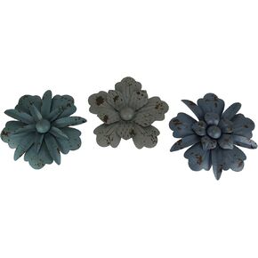 Set of 3 Vintage Blue-Grey Metal Flower Wall Hanging Art Sculptures, 11.5 Inches in Diameter – Blooming Elegance - Nature-Inspired Decor for Modern Homes